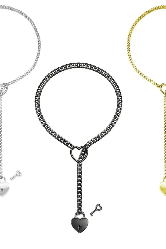 Adjustable Heart O-Ring Punk Rock Cuban Chain Necklace – Lariat Y-Style Necklace with Key & Heart Lock Pendant