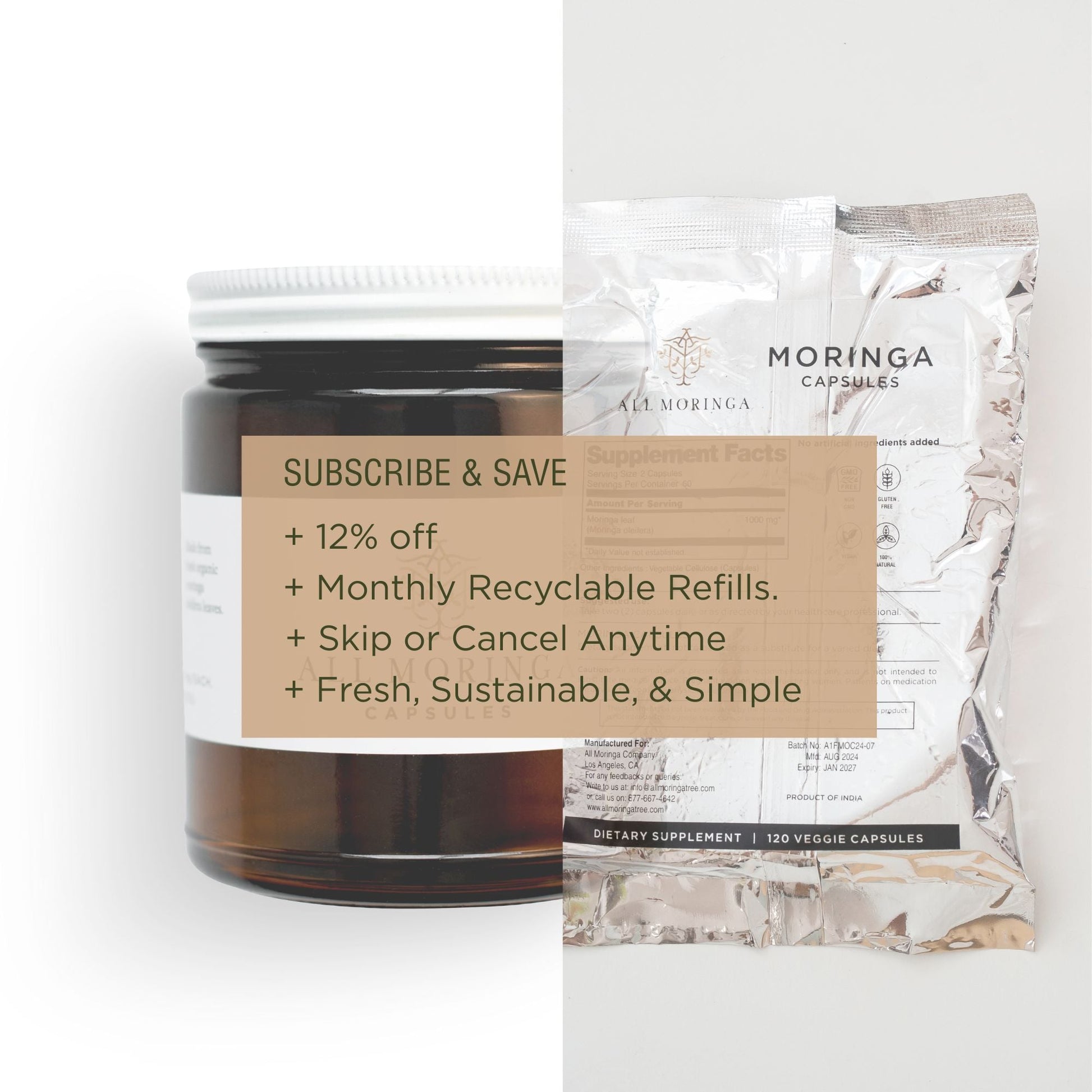 Premium Organic Moringa leaf Powder Supplements in Vegan Capsules 120ct in a Glass Jar. Non-GMO, Complete Green Superfood