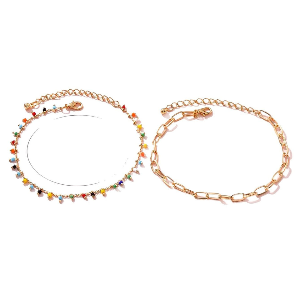 European And American Popular Color Bead Double-circle Anklet Geometric Chain Beaded All-match