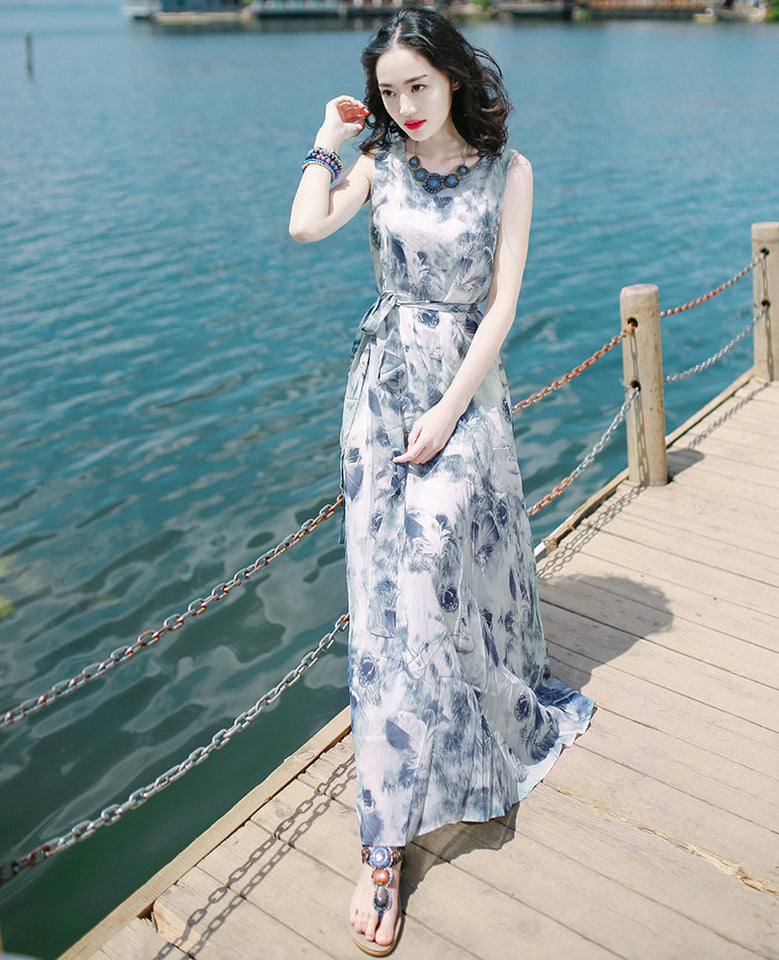 Women's Printed Sleeveless Bohemian Long Dress