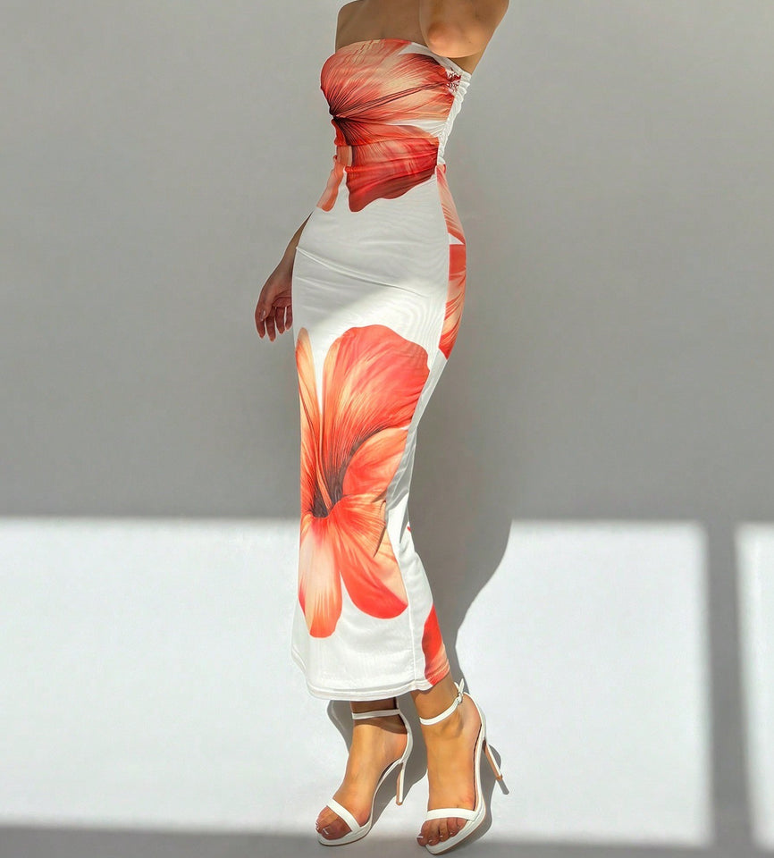 New Women's Slim-fit Contrast Colors Floral Print Dress