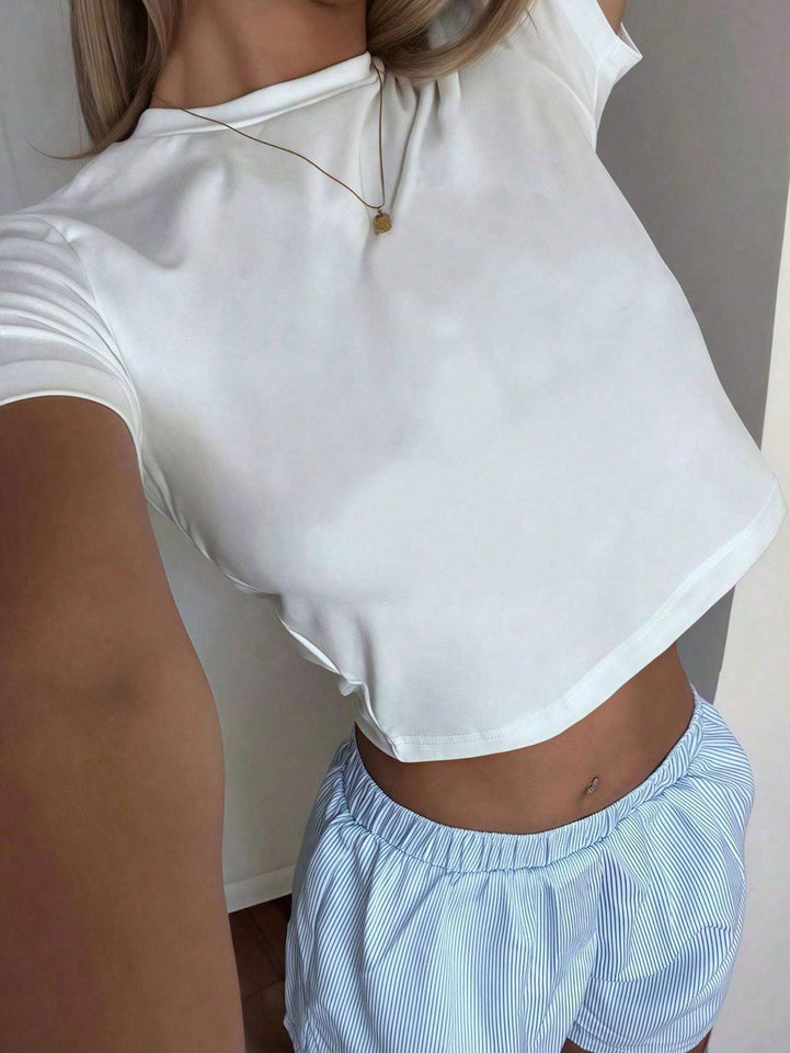 Women Solid Casual Minimalist Workout Shirt Slim Fit Short Sleeve Sports Tees Gym Athletic Tops Summer