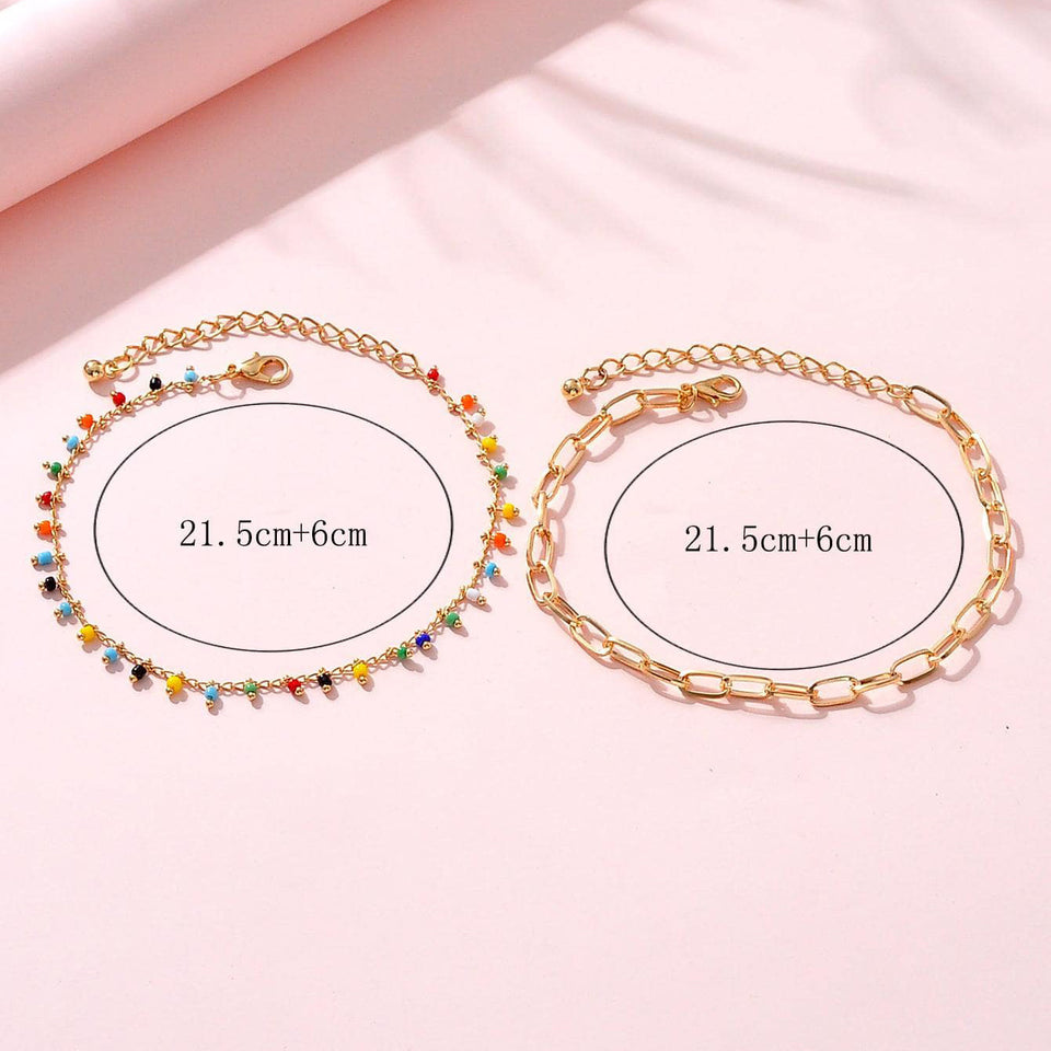 European And American Popular Color Bead Double-circle Anklet Geometric Chain Beaded All-match