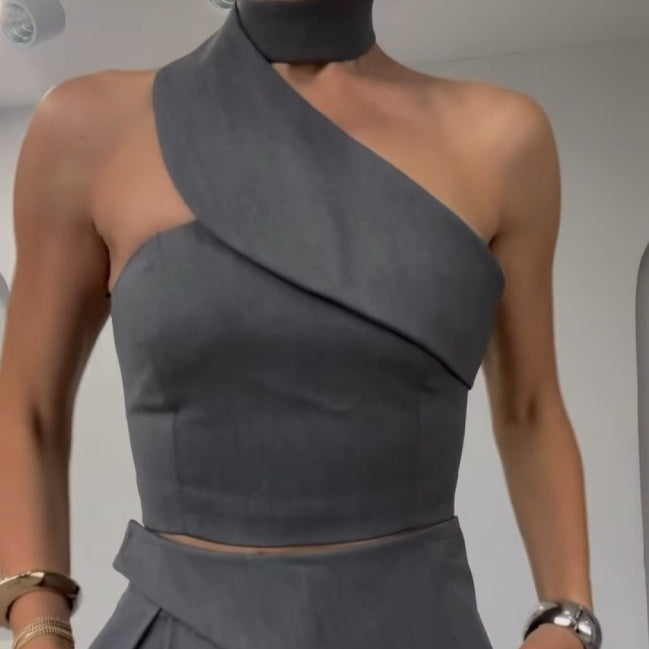 Hot Girl Diagonal Collar Halter Slim Fit Suit