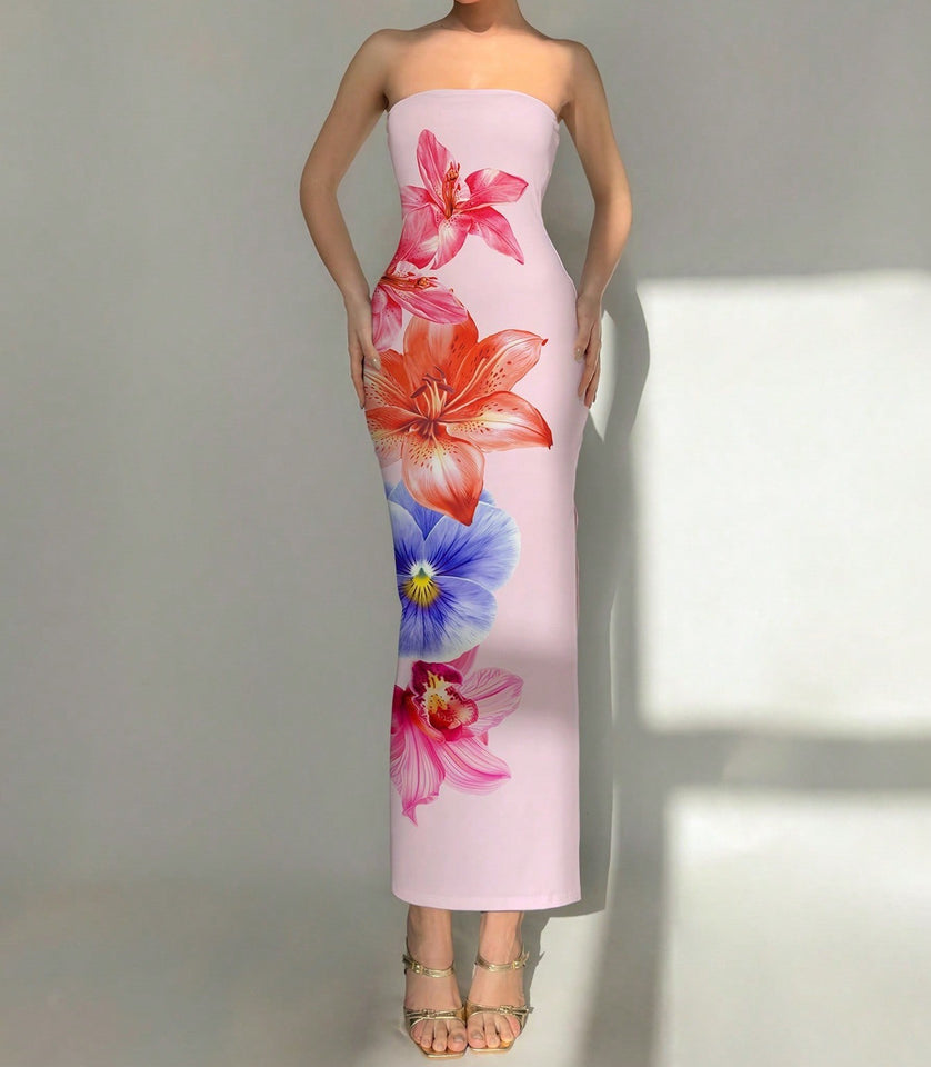New Women's Slim-fit Contrast Colors Floral Print Dress