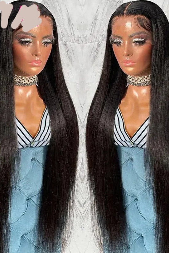 Real Human Hair Lace Wig Set Straight Hair Black Medium Length