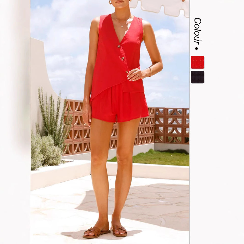 Lace-up Sleeveless Backless Top High Waist Shorts Suit