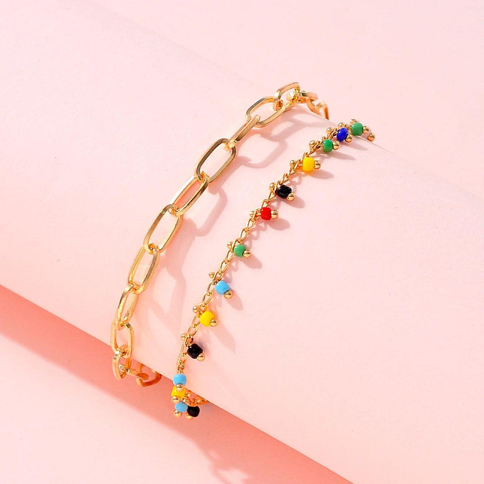 European And American Popular Color Bead Double-circle Anklet Geometric Chain Beaded All-match