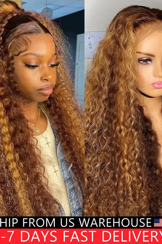 30 Inch 250 Density Highlight Honey Brown Curly Lace Front Human Hair Wigs,13x6 13x4 Ombre Colored Deep Wave Lace Frontal Wig