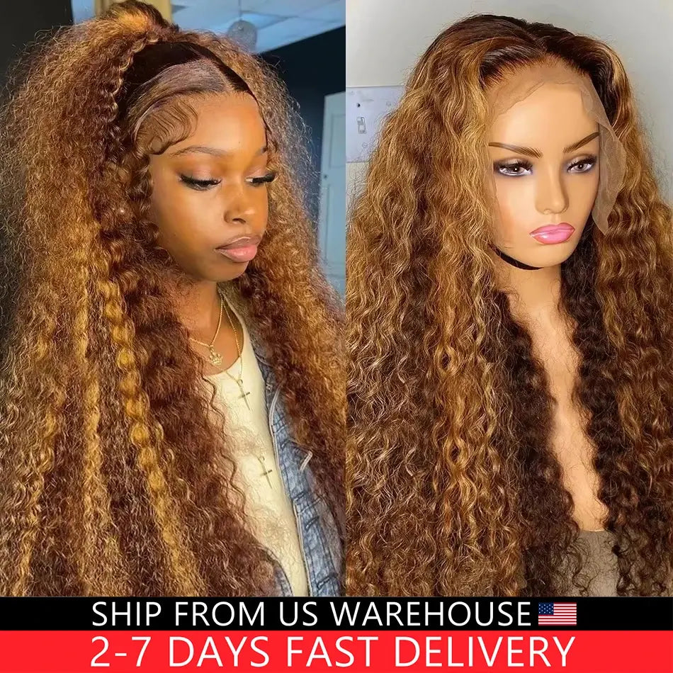 30 Inch 250 Density Highlight Honey Brown Curly Lace Front Human Hair Wigs,13x6 13x4 Ombre Colored Deep Wave Lace Frontal Wig