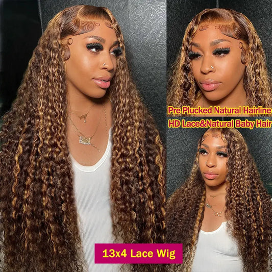 30 Inch 250 Density Highlight Honey Brown Curly Lace Front Human Hair Wigs,13x6 13x4 Ombre Colored Deep Wave Lace Frontal Wig