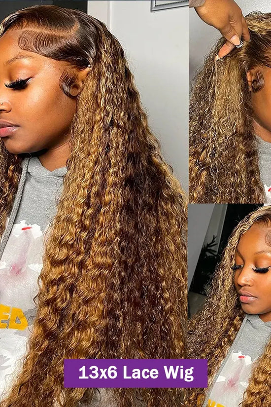 30 Inch 250 Density Highlight Honey Brown Curly Lace Front Human Hair Wigs,13x6 13x4 Ombre Colored Deep Wave Lace Frontal Wig