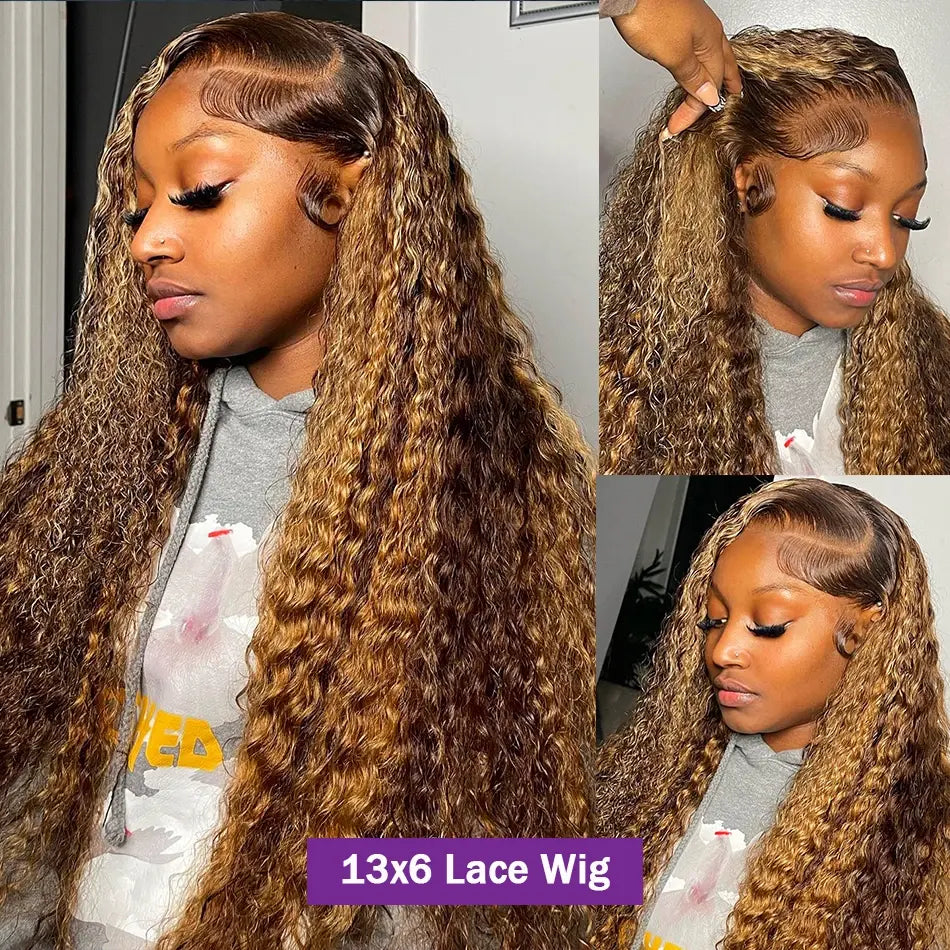 30 Inch 250 Density Highlight Honey Brown Curly Lace Front Human Hair Wigs,13x6 13x4 Ombre Colored Deep Wave Lace Frontal Wig