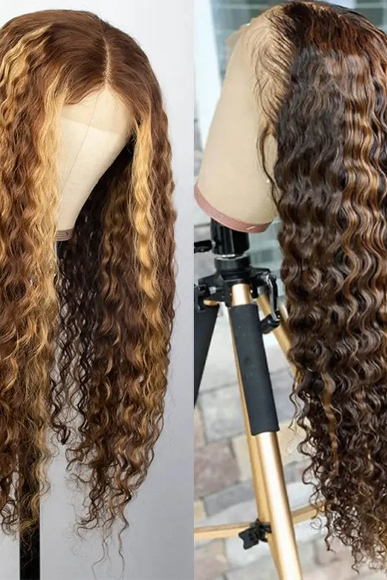 30 Inch 250 Density Highlight Honey Brown Curly Lace Front Human Hair Wigs,13x6 13x4 Ombre Colored Deep Wave Lace Frontal Wig