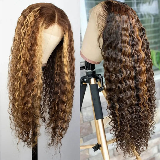 30 Inch 250 Density Highlight Honey Brown Curly Lace Front Human Hair Wigs,13x6 13x4 Ombre Colored Deep Wave Lace Frontal Wig