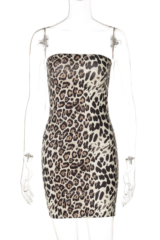 Leopard Print Cold-shoulder Bodycon Waist Tube Top Dress
