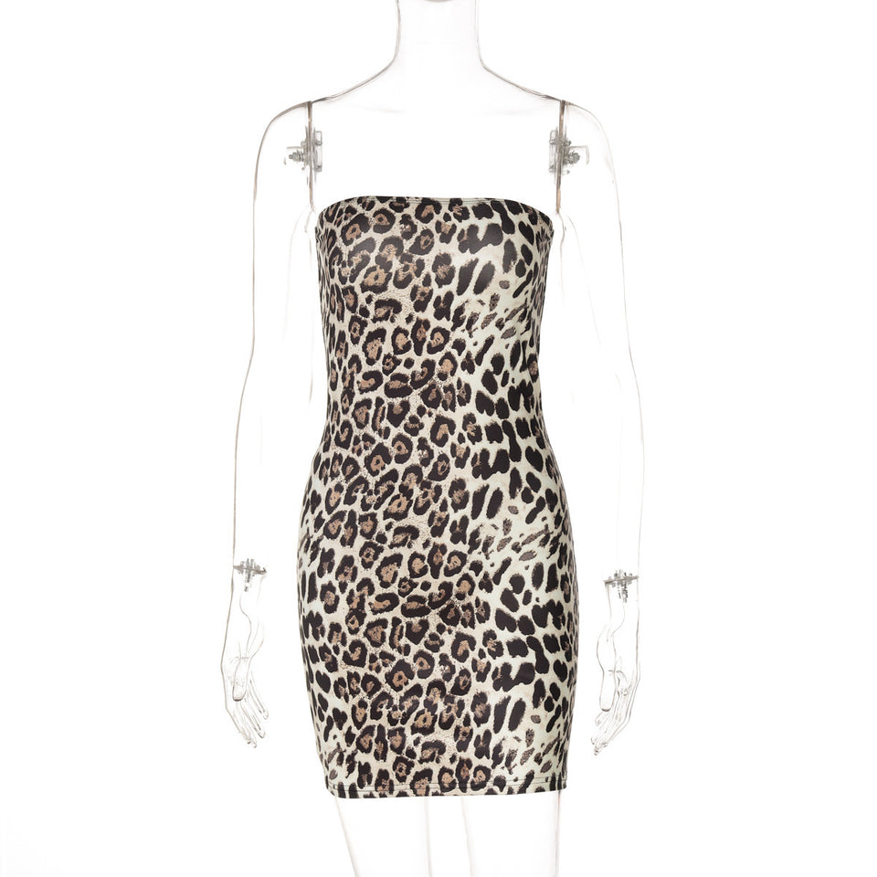Leopard Print Cold-shoulder Bodycon Waist Tube Top Dress