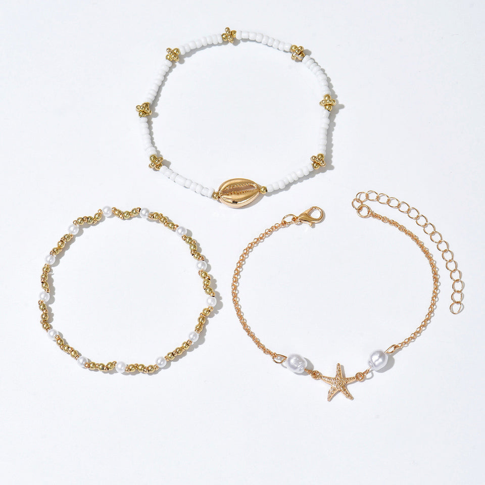 Beach Vacation Bead Shell Starfish Foot Ornaments Anklet Three-piece Set