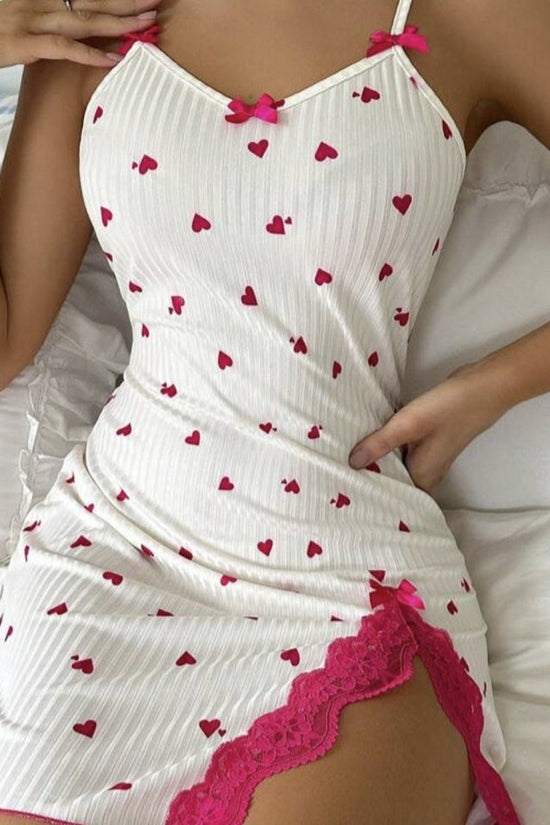 Heart Shape Printed Contrast Color Pajamas Slit Lace Lace Sling Dress