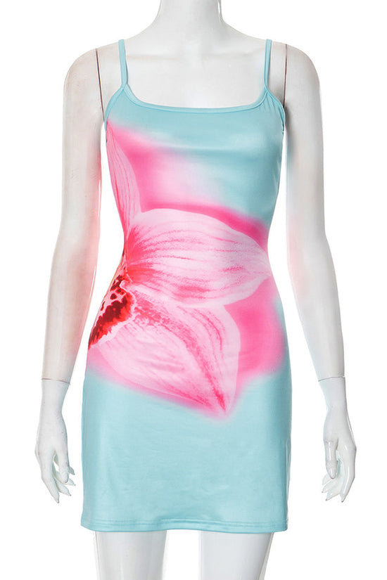 Sleeveless Backless Camisole Floral Print Skinny Sheath Dress