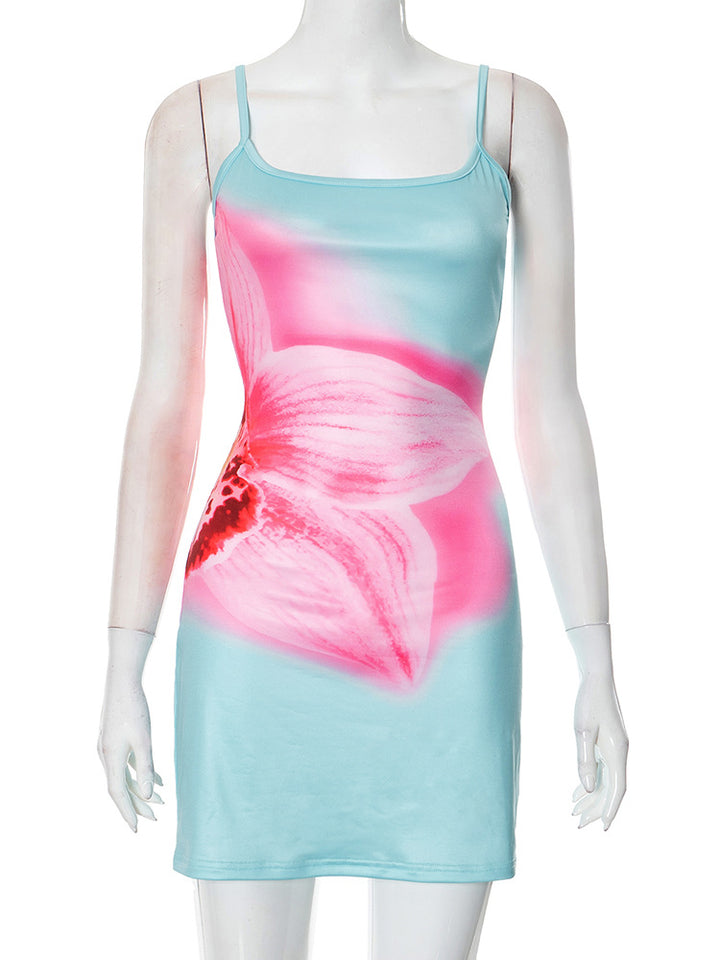 Sleeveless Backless Camisole Floral Print Skinny Sheath Dress