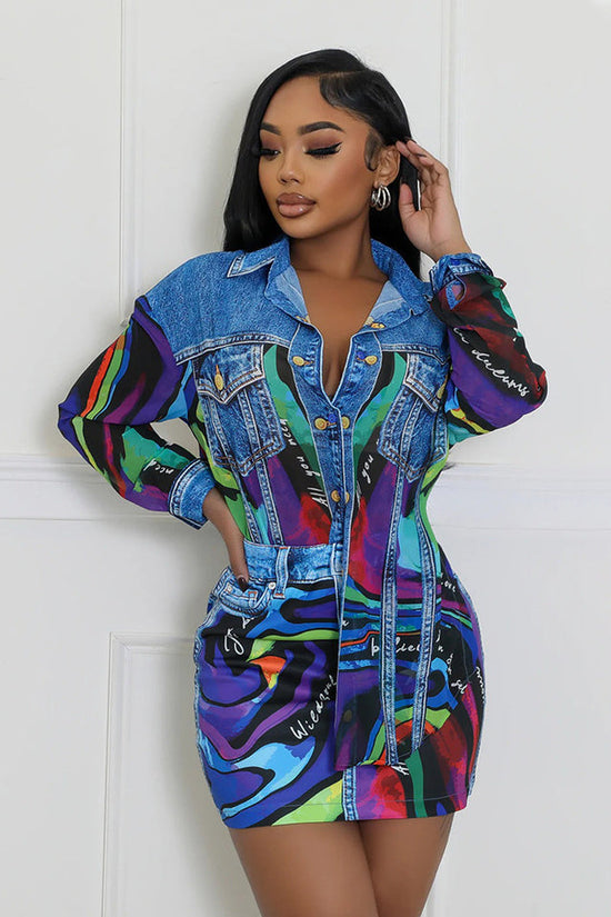 Fashion Denim Printing Lapel Long Sleeve Shirt Slim-fit Hip-wrapped Short Dress Suit
