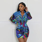 Fashion Denim Printing Lapel Long Sleeve Shirt Slim-fit Hip-wrapped Short Dress Suit