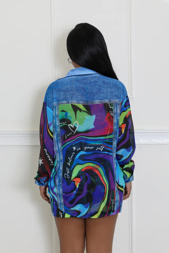 Fashion Denim Printing Lapel Long Sleeve Shirt Slim-fit Hip-wrapped Short Dress Suit