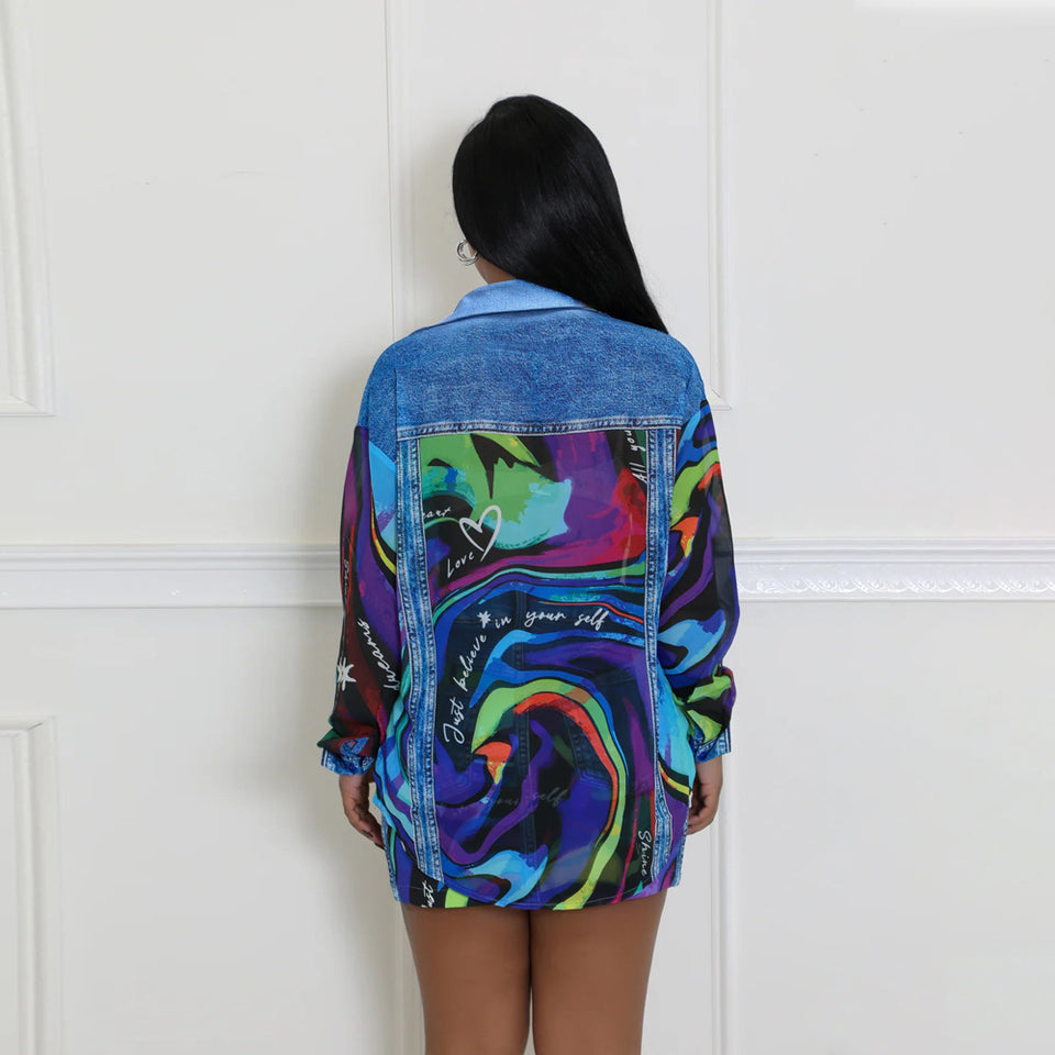 Fashion Denim Printing Lapel Long Sleeve Shirt Slim-fit Hip-wrapped Short Dress Suit