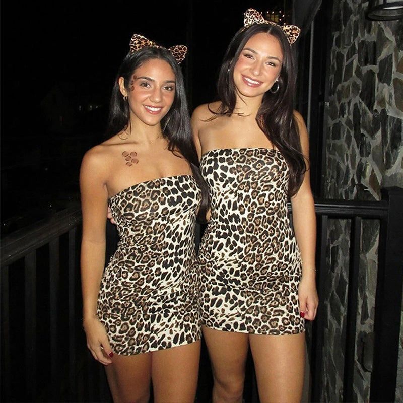 Leopard Print Cold-shoulder Bodycon Waist Tube Top Dress