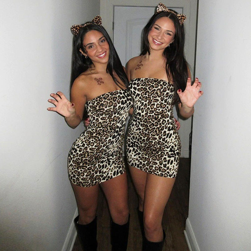 Leopard Print Cold-shoulder Bodycon Waist Tube Top Dress