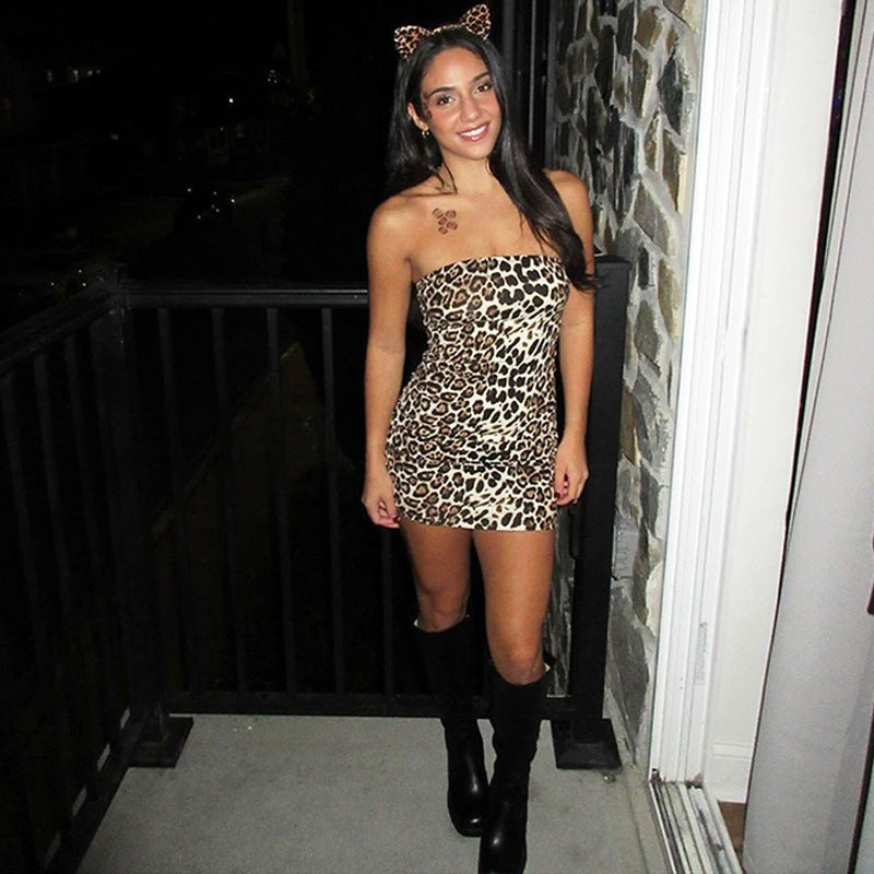 Leopard Print Cold-shoulder Bodycon Waist Tube Top Dress