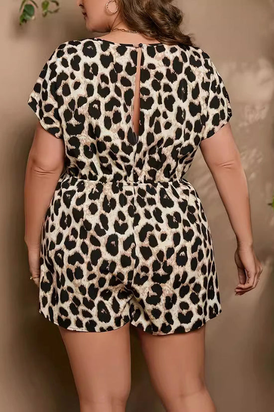 Sexy V-neck Leopard Print Short Sleeve Lace-up One-piece Shorts