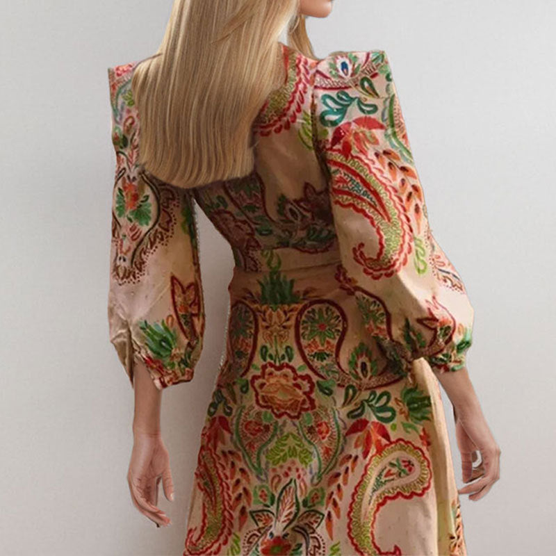 Ethnic Style V-neck Long Sleeve Tight Waist Slimming Sense Of Design A- Line Dress Women