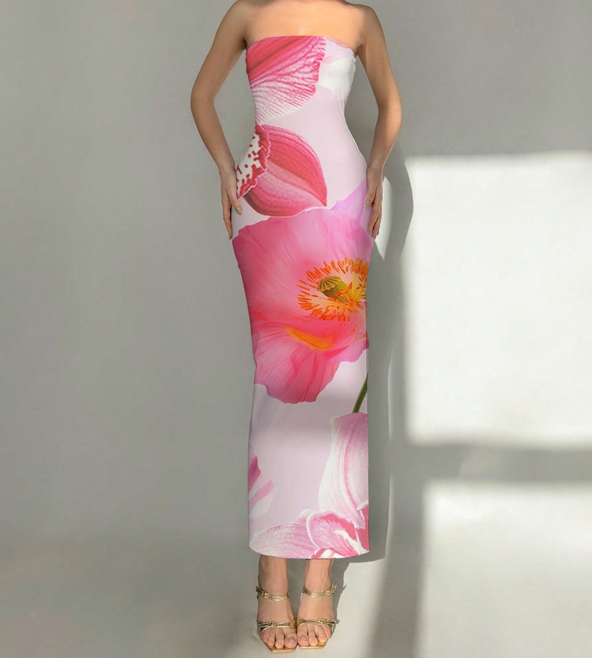 New Women's Slim-fit Contrast Colors Floral Print Dress
