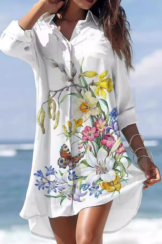 Old Women's Printed Plus Size Beach Sun Protection Shirt Dress