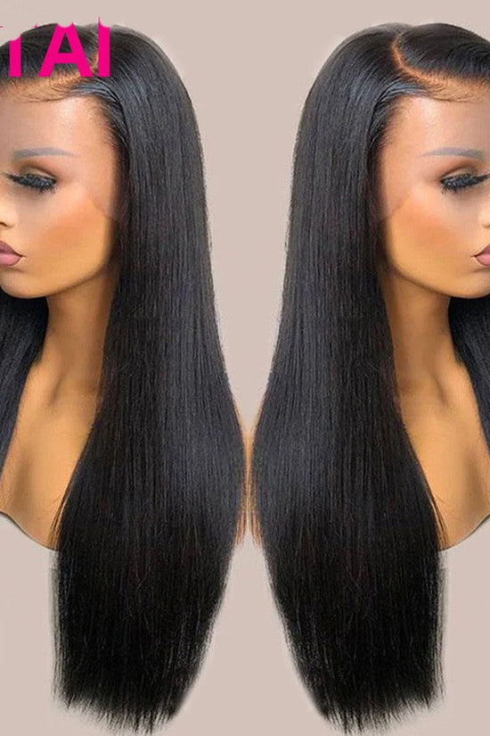 Real Human Hair Lace Wig Set Straight Hair Black Medium Length