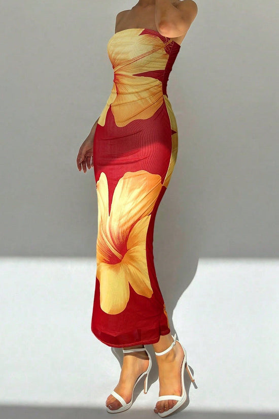 New Women's Slim-fit Contrast Colors Floral Print Dress