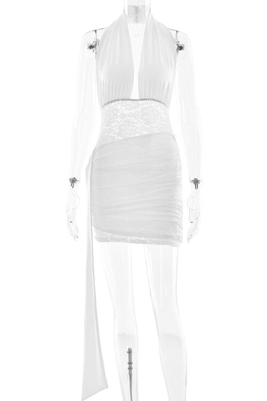 V-neck Lace Stitching Halter Ribbon Hip Skirt