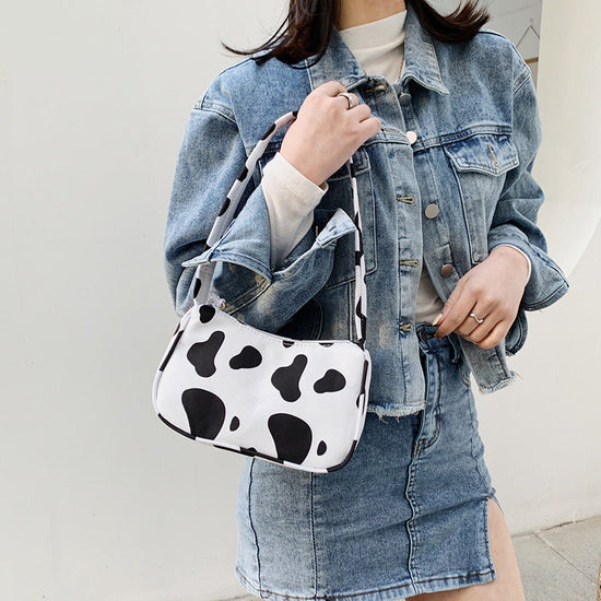Harajuku Style Cow Shoulder Bag Black And White Stripes Simple