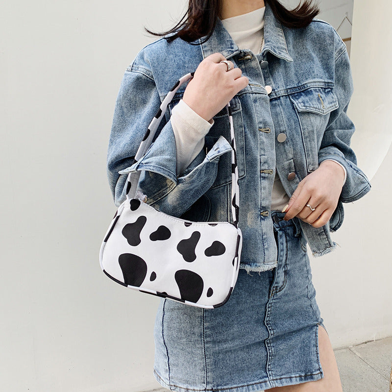Harajuku Style Cow Shoulder Bag Black And White Stripes Simple
